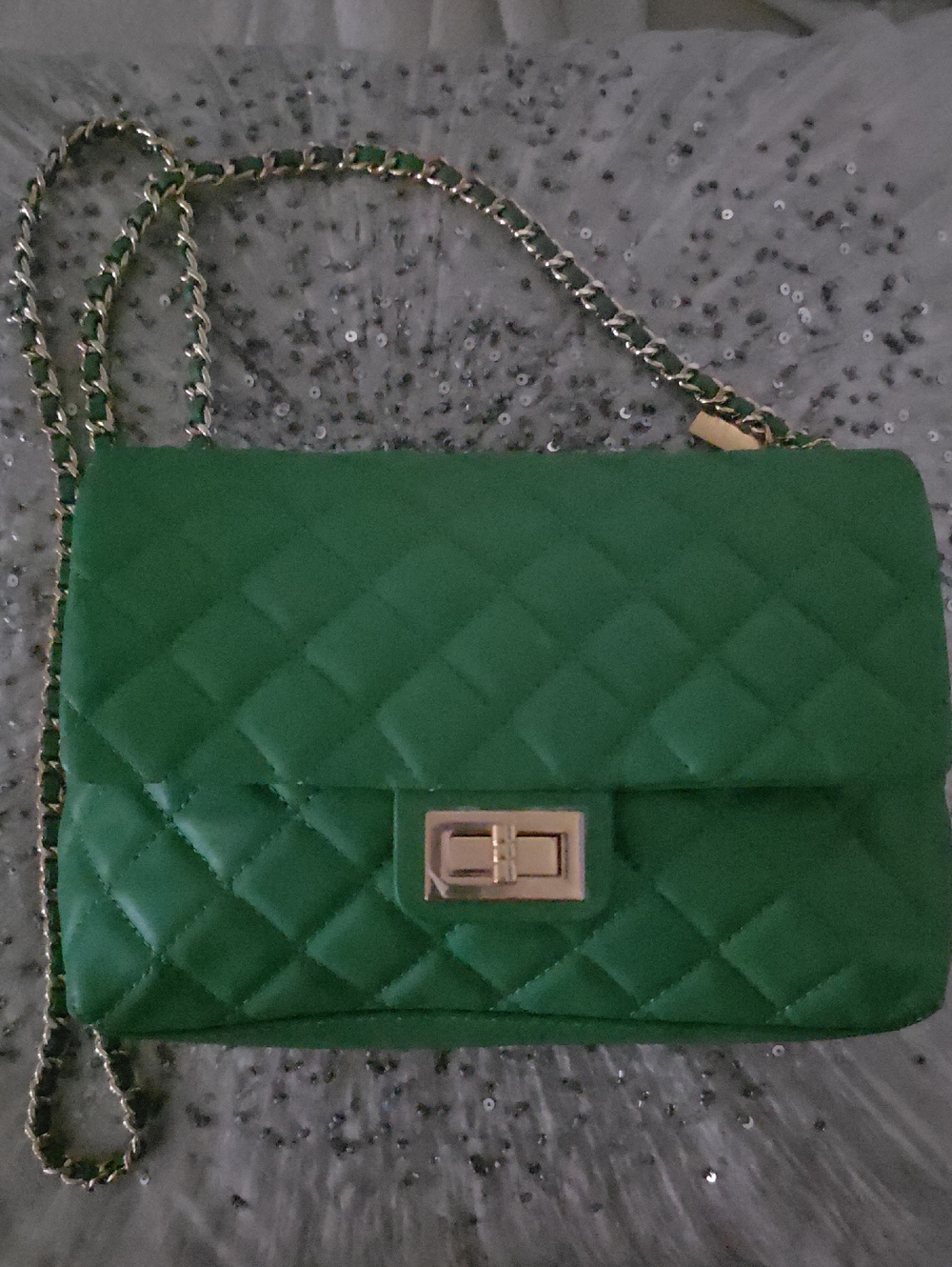 Green Quilted Chain Crossbody Leather Bag with Gold Hardware